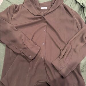 Satin Button-Down Blouse in Brown